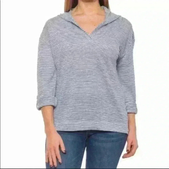 C&C California NWT 100% Linen Blue Striped Hooded Long Sleeve Top Size S - Picture 1 of 5